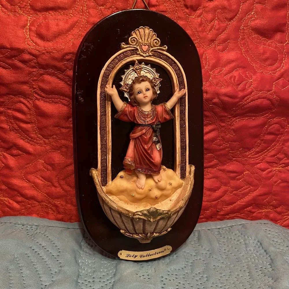 Divine Child Jesus Sacred Heart Holy‎ Water Wall Font VTG  Resin Mounted On Wood
